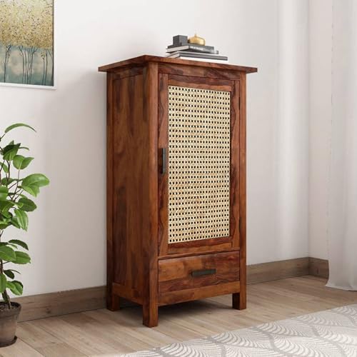 Image of The Attic Sheesham Mini Glazed Bookcase with Cane, Multipurpose for Living Room Bed Room Study, Solid Wood, Honey Matte Finish