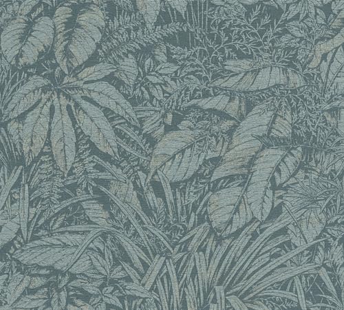 A.S. Création Smart Surfaces Florale Vliestapete mit Palmenblätter 10,05 m x 0,53 m - Blau, Petrol, Silber - Tapete mit Blättermotiv Made in Germany - 395603