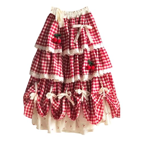Japanese Style Lolita Cherry Gingham Skirt Lace Bowknots Tiered Ruffle Elastic High Waist A-line Cute Midi Skirts