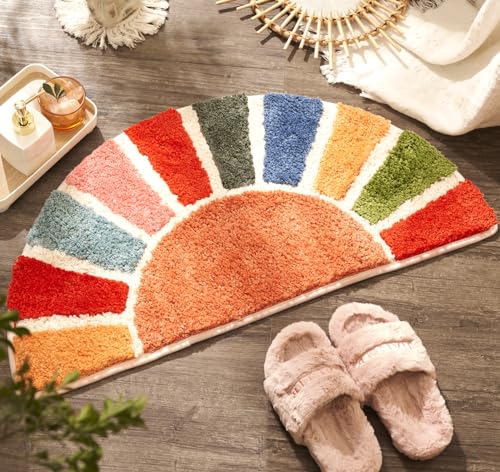 DyeFury Large Sunrise Boho Bathroom Rugs, Cute Half Circle Bath Mat, Colorful Sun Bath Mats, Retro Bohemian Bathroom Decor, Fun Semi Round Shower Rug Non-Slip, Aesthetic Washable Bath Rug 37