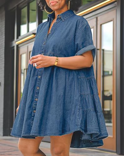 Womens Denim Babydoll Dresses Summer Outfits Button Down Ruffle Tiered Jean Dress3