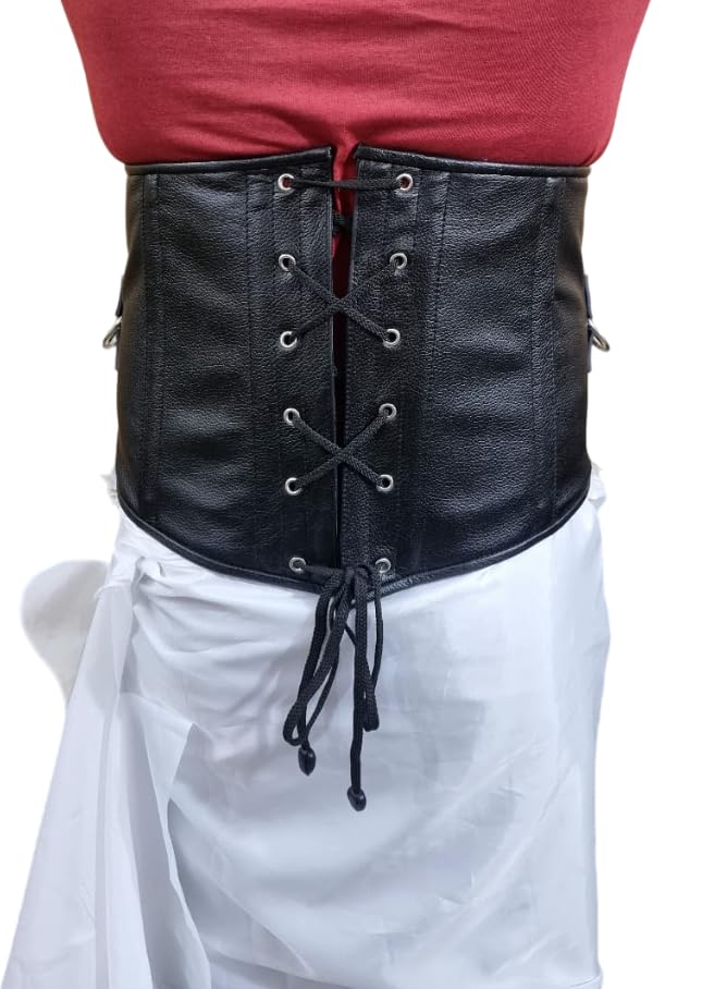 Men’s Real Black Leather Corset Cincher – Heavy Duty Steel Boned Waist Trainer Belt with Buckles & D-Rings (MCOR1)3