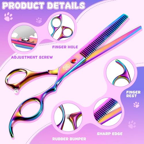 Image of Moontay Professional 7.0 inch Pet Grooming Scissors Set, 4-Pieces 440C Japanese Steel Straight & Curved & Thinning & Chunker Shears /Scissors with 1 Grooming Comb for Dog Cat and More Pets, Multicolour