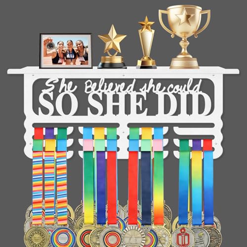 Medal Holder Display Hanger, Aluminum Medal Display Holder Holds Up to 50 Medals, Wall Mounted Medal Organizer for Sports Awards, Ribbons and Race Bibs (She Believed with Shelf - White)