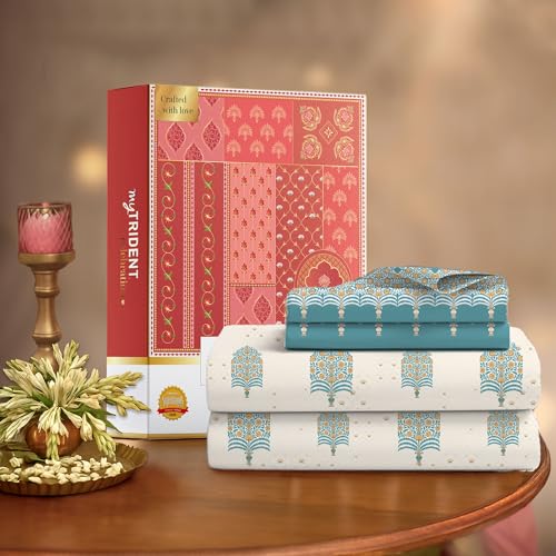 Image of MYTRIDENT Celebration Bedsheet Gifting Collection Double Size - Saanjh Teal