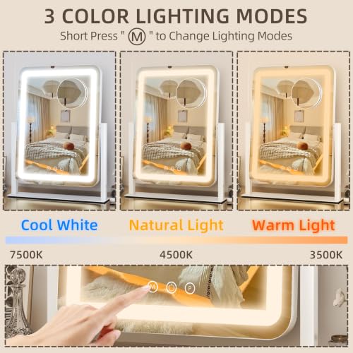 Image of FENNIO Rounded Corner Makeup Vanity Mirror with Lights, 13 x 17 Inch, White