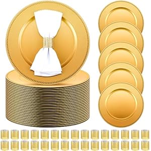 100 Pcs(50 set) Charger Plates Bulk with Napkin Rings Set Include 50 Plastic Beaded Plate Chargers 50 Napkin Rings 13” Round Dinner Plate Chargers Set for Table Setting Wedding Party(Gold)