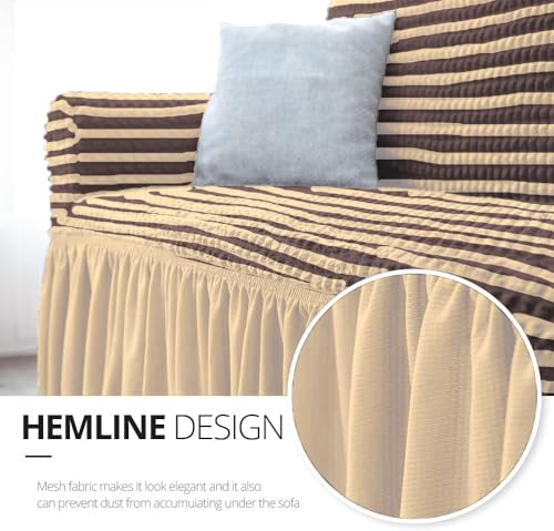 Image of Cortina Elastic Stretchable Universal Sofa Cover with Skirt, Three Seater, Cream /Brown