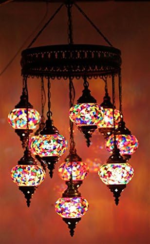 Mosaic Chandelier Set 9 Globe, Handmade Authentic Tiffany Lighting Moroccan Lamp Glass Stunning Bedside Night Lights Brass&Glass Ottoman Turkish Style