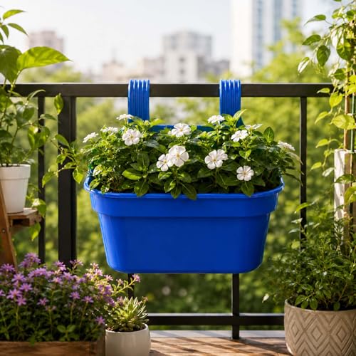Image of Go Hooked 12 Inch Plastic Railing Hanging Planter Pot Set of 5 | Rectangular Flower Pots with Double Hook for Garden Fence Balcony Indoor Outdoor Home Decor | Durable Plant Container (Blue)