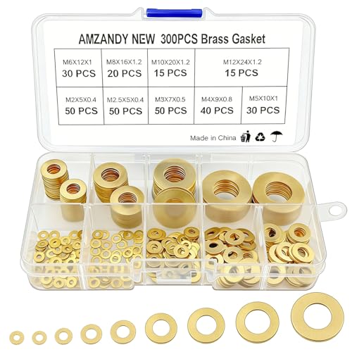 ADNEWX 300 arandelas planas de latón de 9 tamaños, juego de arandelas planas M2 – M12 para bisagra de puerta, vehículos de motor, tornillos