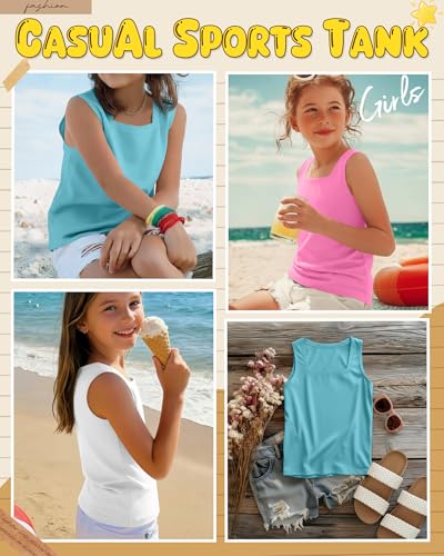 Image of 3 Pack Girls Square Neck Tank Tops | Basic, Sleeveless T-Shirts, Casual Summer Tanks, Kids Undershirts, School, Size 5-14 Years, Comfy, Elasticity