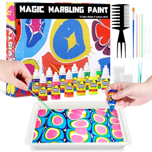 Wasser Marmorierfarbe für Kinder Bastelset Kinder 12 Farben Marbling Paint Kit Marmorierfarbe Kunst Set Kreatives Basteln Mädchen und Handwerk Bastelsets für Mädchen und Jungen Geschenke 6+ Jahre
