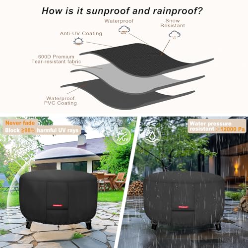Image of Porch Shield Fire Pit Cover - Waterproof 600D Heavy Duty Fade Resistant Round Patio Fire Bowl Cover Black - 44 inch