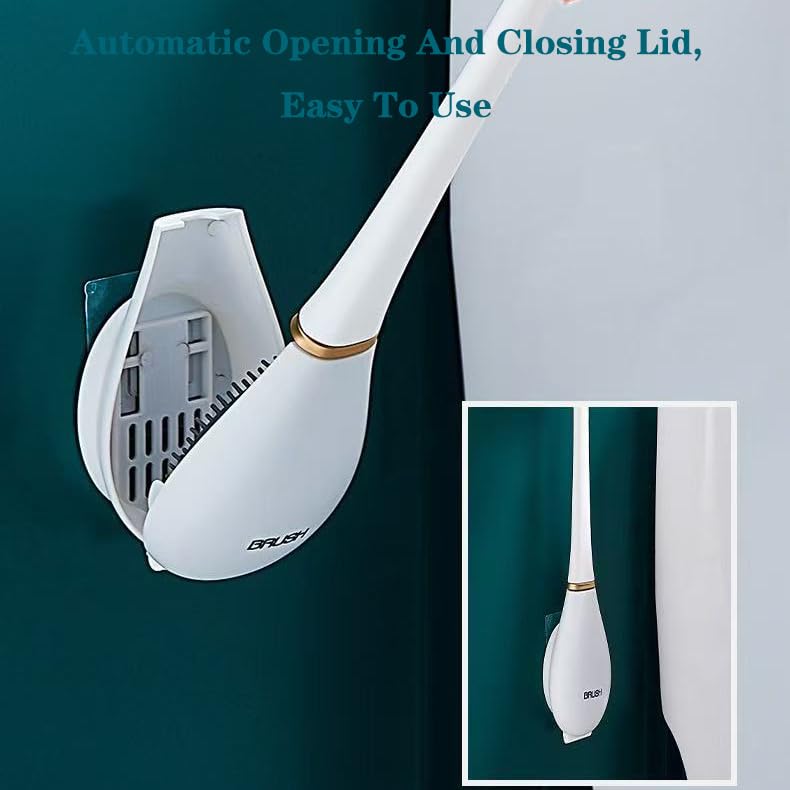 Image of Modern Silicone Toilet Brush，Flat Flexible Brush Holder Set， Wall Mounted with Holder，Household Punch-Free Wall Hanging Long Handle Silicone Toilet Brush (Blue)