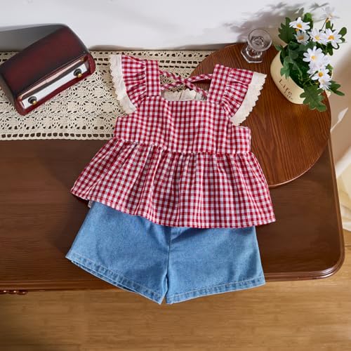 Baby Girl Summer Plaid Top & Denim Shorts Outfit Set - Ideal for 6M - 3T3