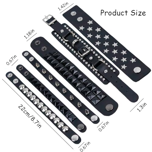 6 PCS Black Studded Leather Rivet Punk Bracelet for Men Women2
