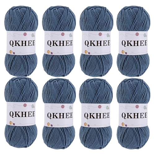 QKHEE コットンヤーン 合太 中細 毛糸 単色8玉セット1玉約50g180m かぎ針編み 編み物 編み糸 織り糸 ぬいぐるみ用糸 (マリンブルー)