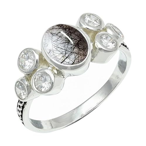 SILVERNROCK Black Rutilated Quartz Gemstone Men & Women All Size 925 Sterling Silver Band Ring Gift Item Handmade Jewelry ERG1261BL (US-10.5)