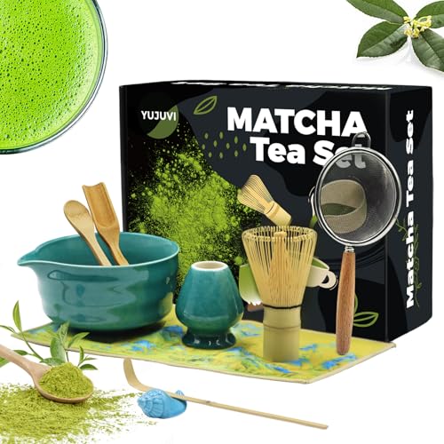 YUJUVI Té Matcha Kit de Ceremonia Japonesa Matcha Set 9 piezas Batidora de Matcha de Bambú, Cuenco de Matcha, Cuchara,Portacucharas, Kit de Ceremonia Matcha (Azul Mágico Kit)