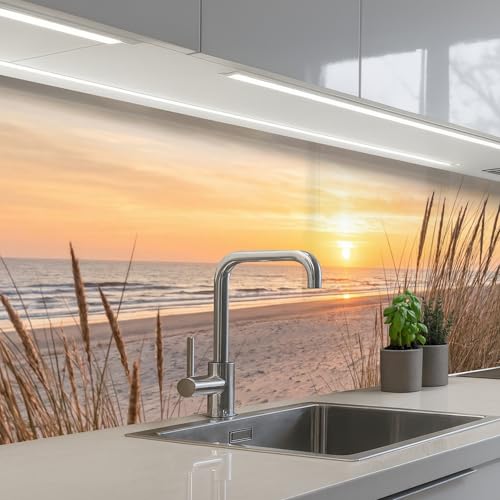 KitchenYeah Rückwand Küche 60x250 cm Rückwandschutz Selbstklebend Spritzschutz Küchenrückwand Küchenfront Küchen Selbstklebende Küchenrückwände Sonnenuntergang - Dünen - Meer