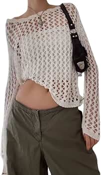 Pbkabiug Y2K Hollow Out Cropped Knit Smock Top Women