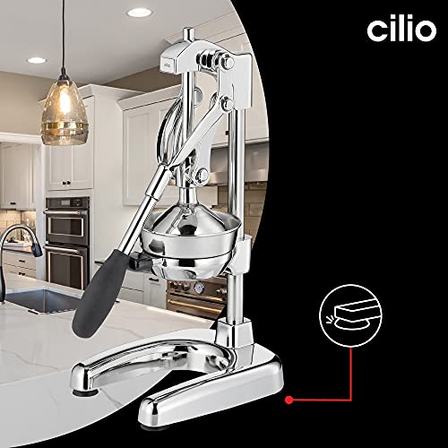 Foto von Cilio AMALFI Saftpresse Manuell | rostfreier Edelstahl | Zitruspresse Handpresse für 25% mehr Saft | geringer Kraftaufwand | Profi Fruchtpresse | 20 × 23,5 × 44 cm, Chrom