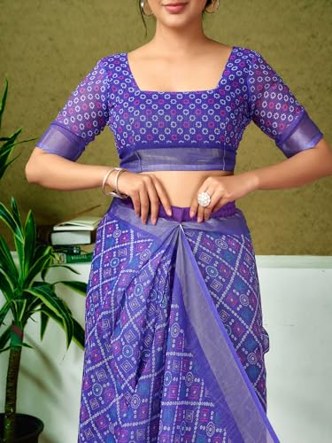 Image of Satrani Women's Linen Printed & Zari Border Ready To Wear One Minute Pre Pleated Readymade Saree with Unstitched Blouse Piece