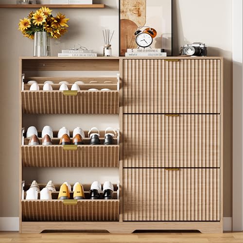 Image of HUANLEGO Shoe Cabinet Storage for Entryway with 6 Flip Drawers, Oak Fluted Shoe Cabinet with Adjustable Shelves, Wooden Hidden Shoe Rack Freestanding Narrow Slim Shoes Storage for Hallway, Entrance