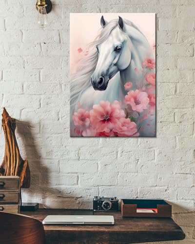 GLOKAKA White Horse Canvas Wall Art - Watercolor Horse and Pink Flowers