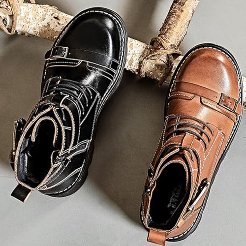 Men's Punk Rock Motorcycle Boots, Gothic Skull Design Lace-Up Mid Calf Leather Boots with Platform, Gift for Biker Lover2