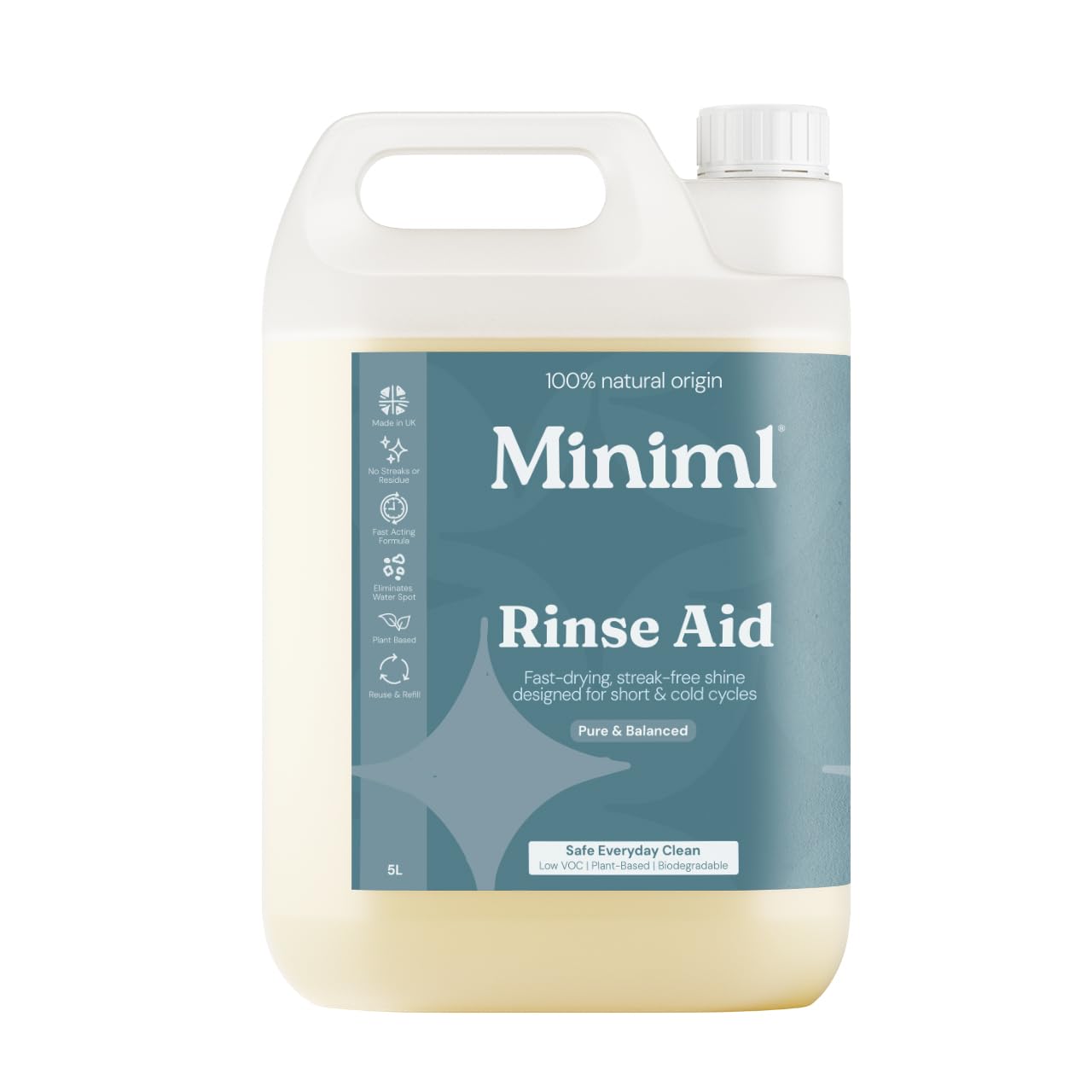 Miniml Rinse Aid 5L Refill - All Natural Dishwasher Cleaner Washing Liquid Detergent for Professional & Commercial Streak Free Glass and Dishwashing - 5L Vegan & Cruelty Free Refill