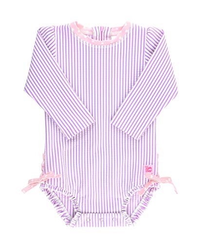 Image of RuffleButts® Baby/Toddler Girls Lilac Seersucker One Piece Rash Guard - 3-6m