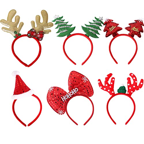 Yukiyi 6 Stück Weihnachten Stirnband Weihnachten Stirnbänder Weihnachts Haarreifen Weihnachts Kopfschmuck Elf Rentier Schneemann Santa Weihnachten Haarband Weihnachten Haarschmuck Erwachsene Kinder Cover