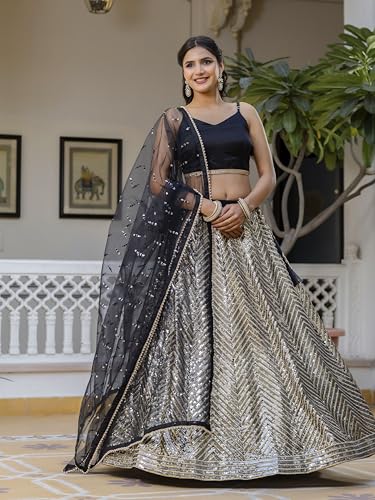 Image of TRENDMALLS Women's Georgette Embroidery Sequence Work Lehenga Choli with Dupatta For Women Semi-Stitch
