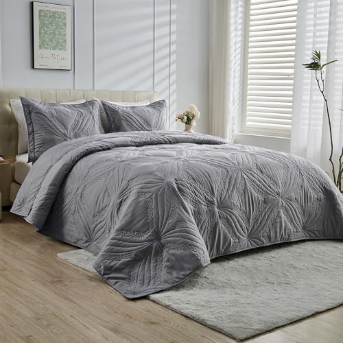 Image of Kingnex Oversized King Bedspreads 128x120 for Tall King or Cal King Bed Ultrasonic Quilted Coverlet Set 3 Piece Include 1 Extra Wide Quilt 2 Pillowcases Grey