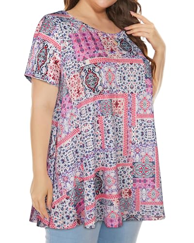 JOELLYUS Plus Size Tops for Women Tunic Floral Casual Short Sleeves T Shirts Flowy Blouses4