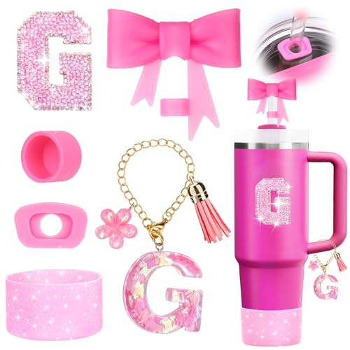 Image of Mity rain 6PCS Pink Cup Accessories for Stanley Cup 30oz 40oz - Tumbler Initials Decoration for Stanley, Including Silicone Straw Cover Cap and Boot, Spill Proof Stopper,Handle Charm, Sticker,Letter G