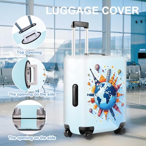 Image of World Travel Luggage Cover - Elastic Suitcase Protector with Iconic Landmarks and Hot Air Balloon Design, Stylish and Durable Wrap for 32''-34'' Travel Bags (Size XL)