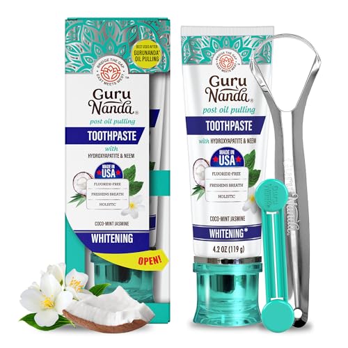 gurunanda hydroxyapatite toothpaste sls amp fluoride free whitening toothpaste with tongue scraper amp squeezer - freshens breath fights plaque - natural cocomint jasmine neem 42oz