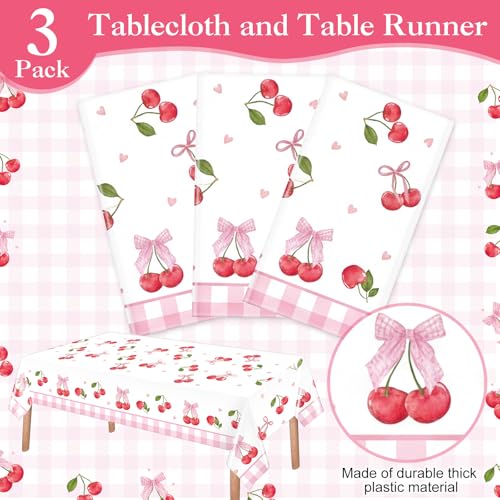 Image of Ganeen 3 Pcs Pink Bow Cherry Tablecloths Cherry Birthday Decorations Disposable Plastic Bow Rectangle Table Cover Waterproof for Birthday Baby Shower Mother's Day Wedding Party Supplies, 54 x 108 Inch