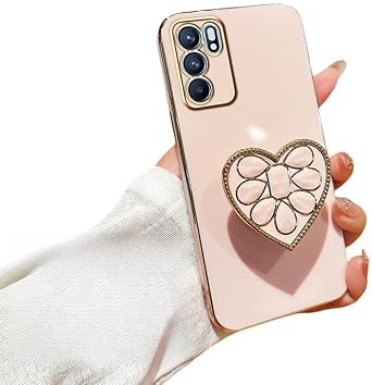 Stand Phone Case for Oppo Reno 6 Cover Soft TPU Silicone Electroplated with Heart Hidden Kickstand Shockproof Protective Cover Compatible with Oppo Reno 6 Shell 1