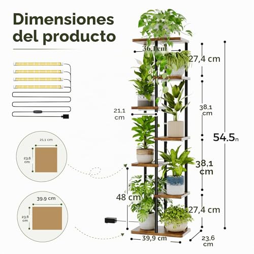 Miniatura 2 de Bamworld Soporte para plantas de 7 Niveles con Luz de Crecimiento, Soporte de Metal Grande para Múltiples Plantas en Interior Exterior Jardín Balcón