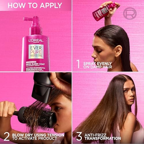 L'Oreal Paris Sulfate Free Iron Sleek Coat, Anti-Frizz Hair Treatment Spray with Heat Protection & Humidity Protection, Semi-Permanent Smoothing, Suitable for Color-Treated Hair, EverPure, 5.1 fl oz - 4