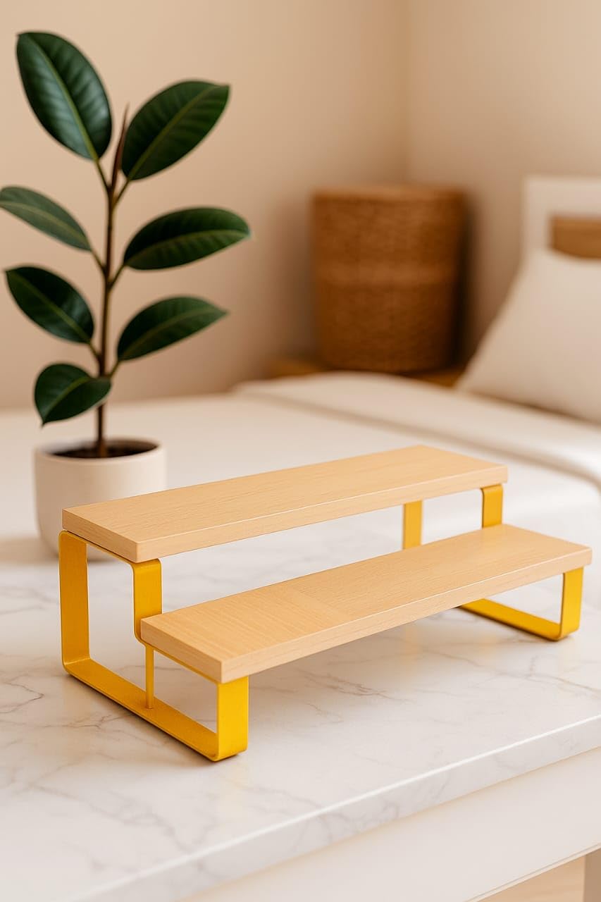 2-Tier Kitchen Shelf Rack - Expandable Countertop Organizer for Spice Jars, Jars, and Containers | Multipurpose Wooden & Metal Storage Rack for Kitchen, Bathroom, and Office (Beech+GOLDAN)