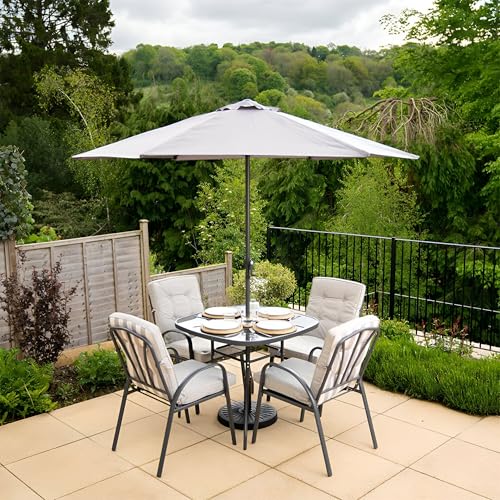 Hectare 4 Seater Metal Garden Furniture Outdoor Dining Set with Table and Parasol in Grey Stripe