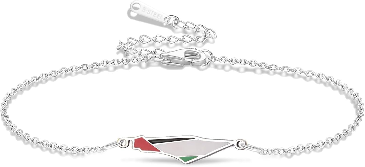 Faozhuo Palestine Country Map Flag Bracelet Handmade Adjustable Braided Rope String for Women Men Stainless Steel Patriotic Jewelry Gift, Silver1
