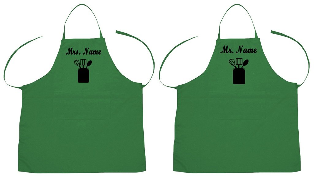 personnaliser Mr et Mrs Polyester de cuisine 2PC Tablier pour Adulte Couple, polyester & polyester mélangé, Green, Taille unique
