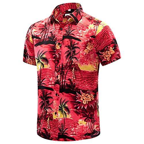 EVNMENST Hawaiian Shirt for Men Short Sleeve Beach Printed Summer Button Down Aloha Shirt(Surf Red,L)