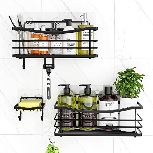 Odesign Adhesive Shower Caddy Basket Shelf With 4 Hooks For Shampoo Conditioner Razor Soap Dish Holder Kitchen Bathroom Organizer No Drilling Wall Mounted Stainless Steel Rustproof 3 Pack - Black #TOP1